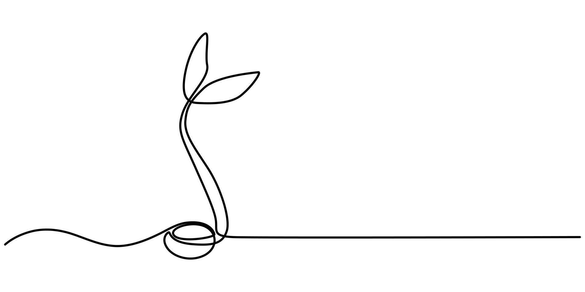 Hand drawn green leaf Growing sprout plant continuous one line drawing Plant with roots single line vector