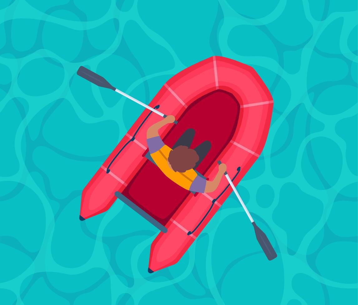 Man Rowing Rubber Inflatable Boat, Top View boat with paddle. Rafting extreme water sport. Fishing equipment. Inflatable rubber vessel boat. illustration. vector