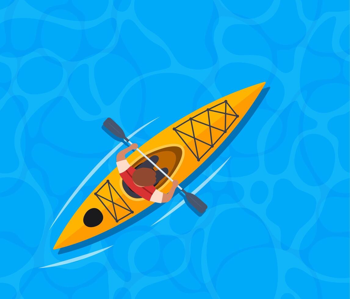 Men rowing with paddles in kayak. Men in helmets and life jackets rafting in sports boat with oars. Extreme water activity. illustration. vector