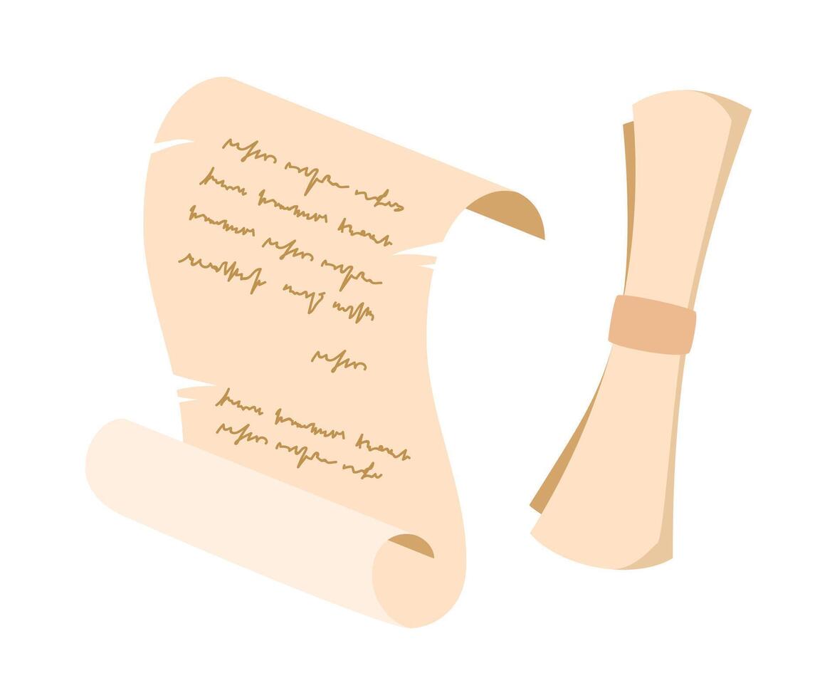Parchment paper scroll, ancient papyrus manuscript. Certificate, treasure map or document, letter, message or diploma. illustration. vector