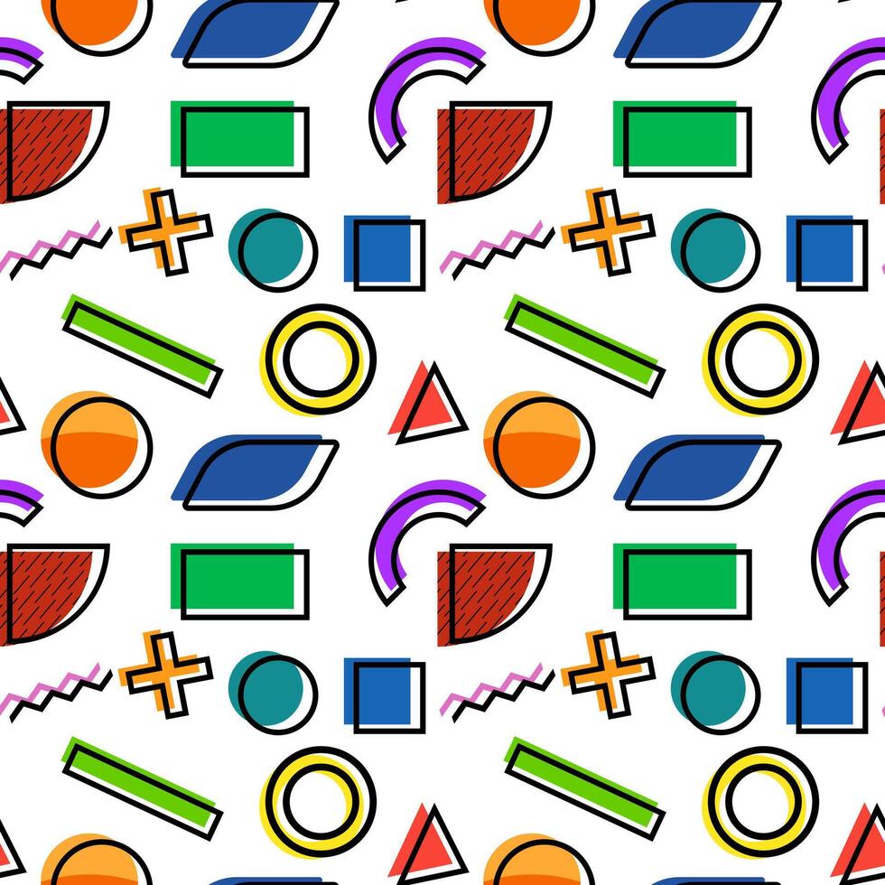 Vibrant geometric shapes in a seamless pattern with circles, rectangles, and lines on a white background. vector