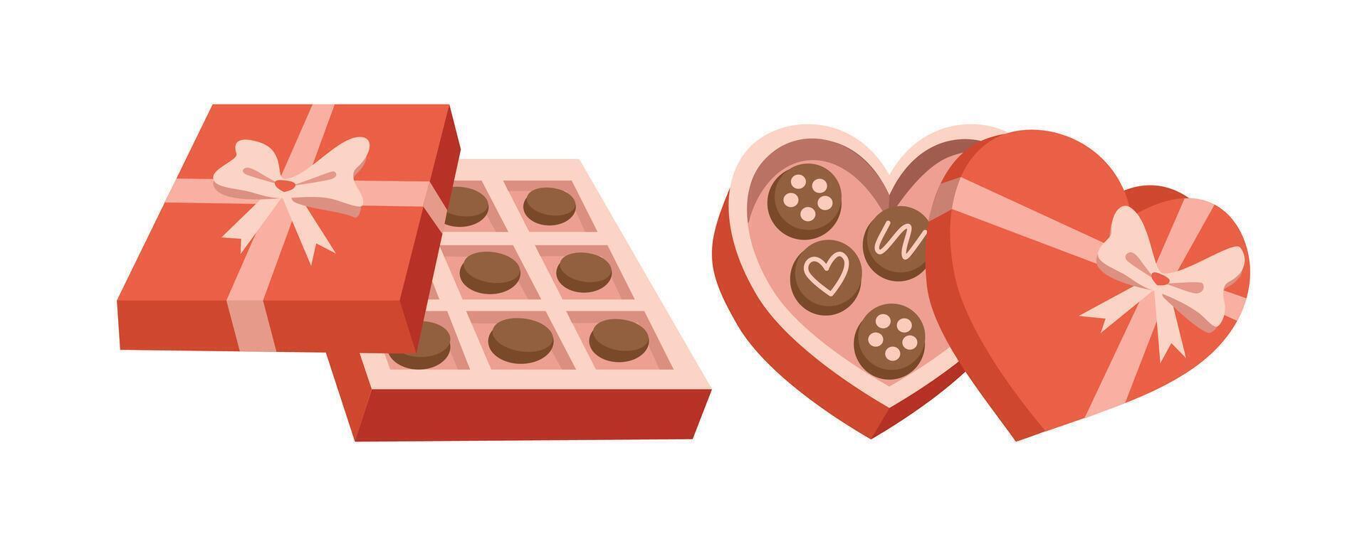 Chocolate box. Valentine gifts. Birthday presents. Confectionary. Chocolate packaging. Dessert food. Parcel. Dark chocolate. vector