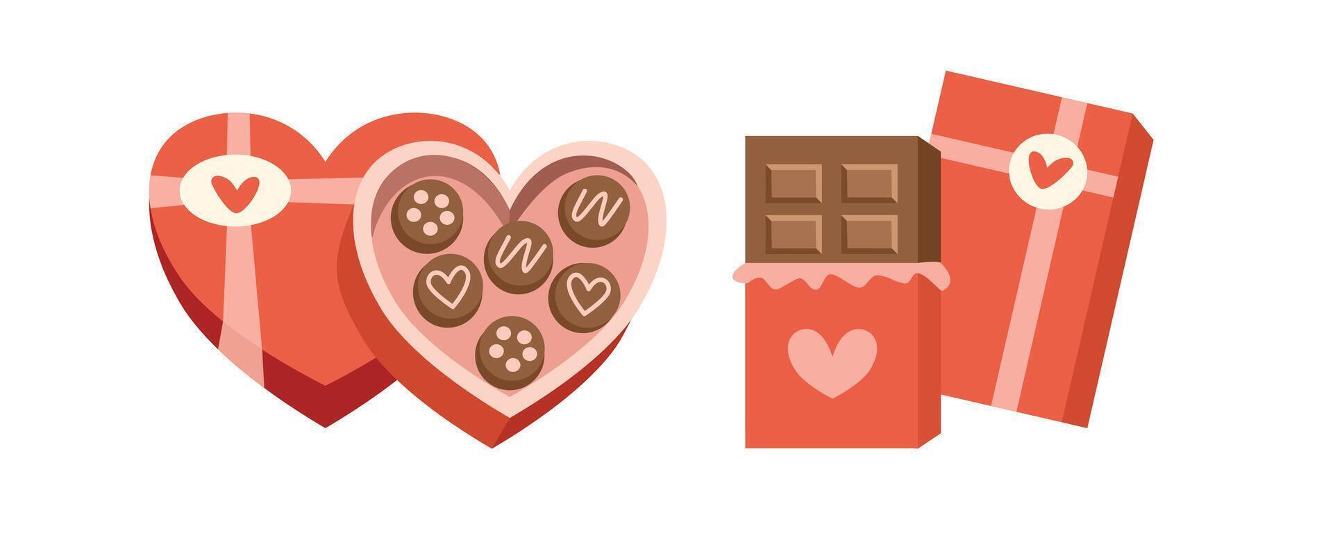 Set of chocolate box. Biscuit and chocolate. Valentine gift illustration. Valentine present. Sweet food. Dessert. Snack. Chocolate candy. vector