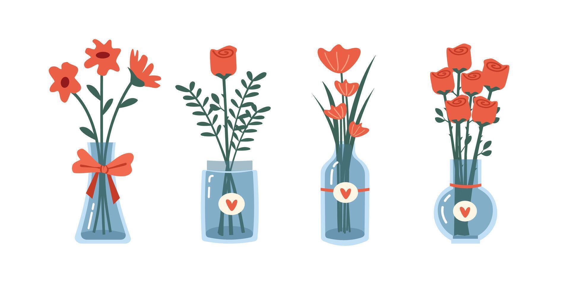Glass vase. Flower in the glass vase. Flower vase illustration. Bloom. Spring flower. Spring season. Unique vase. Bouquet flower. Bunch of flower. Red rose. vector