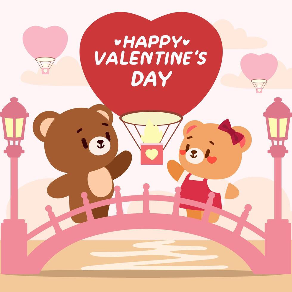 Adoraable Valentine's Day illustration featuring a teddy bear couple on a bridge, waving at a heart shaped hot air balloon. vector
