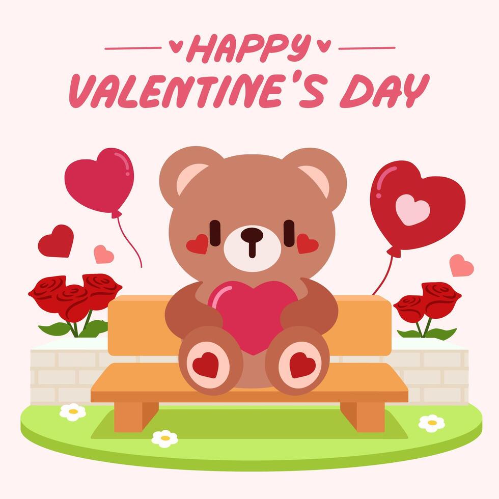 Adorable Valentine's Day illustration featuring a cute teddy bear holding a heart on a park bench, surrounded by balloons and roses. vector