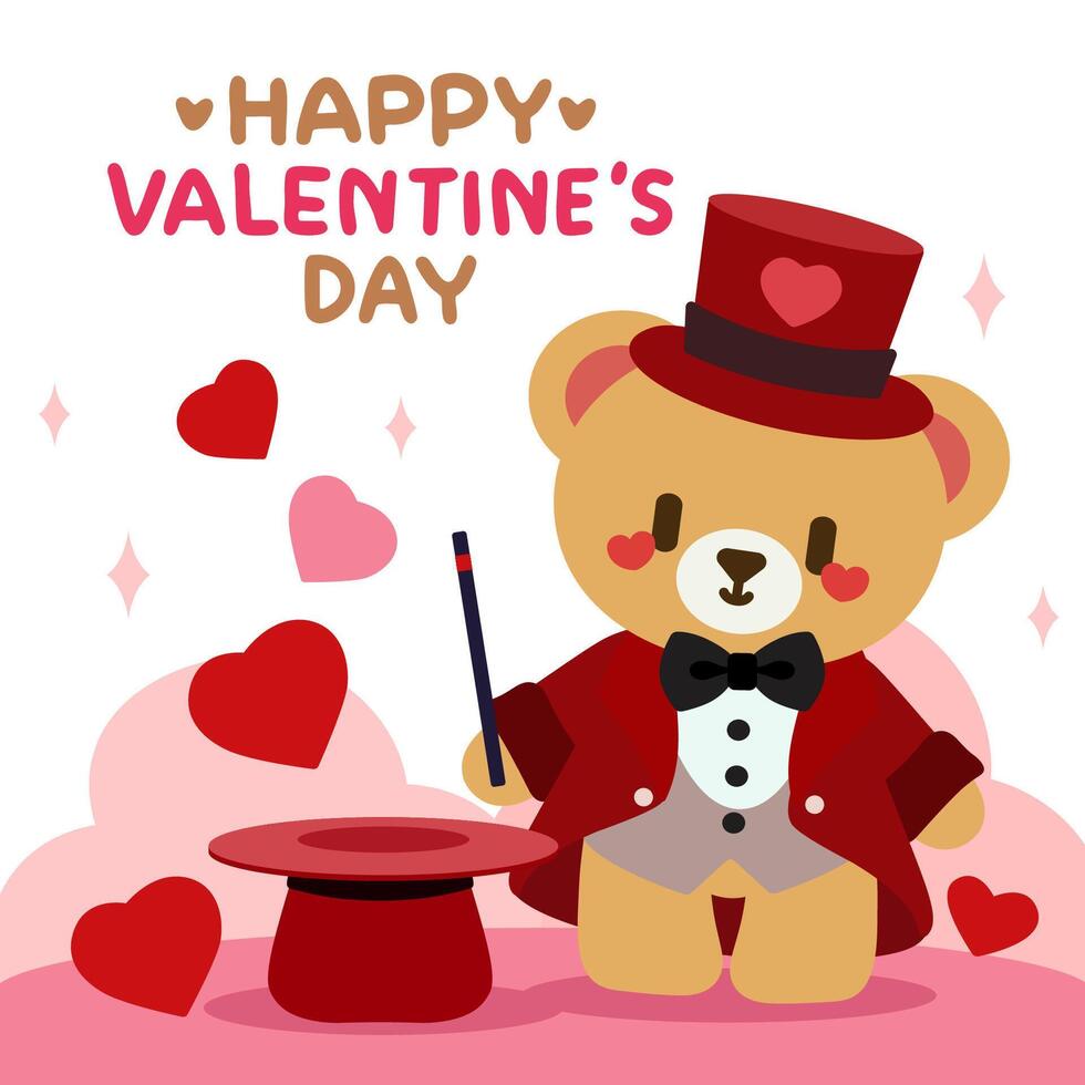Adorable Valentine's Day illustration featuring a teddy bear dressed as a magician with a top hat and wand, performing heart magic in a romantic setting. vector