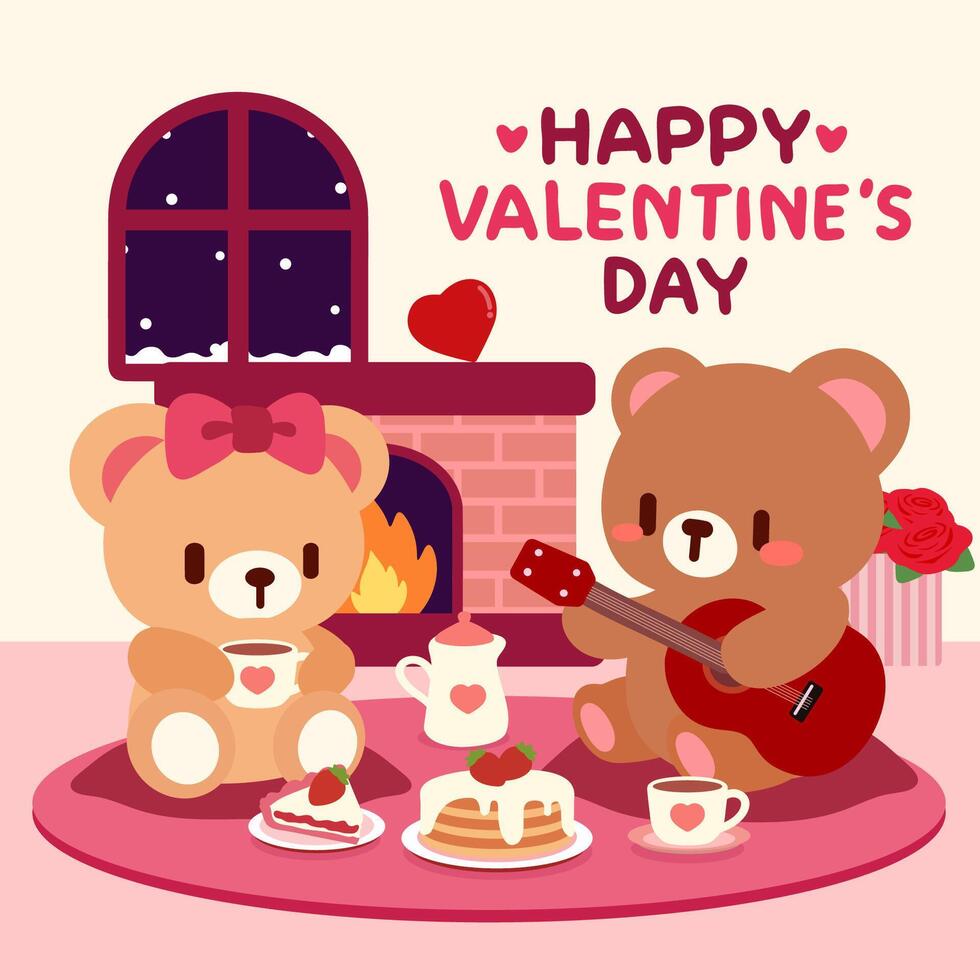 Valentine's Day illustration of a teddy bear couple enjoying a cozy fireplace date with music, coffee, and sweet treats. vector