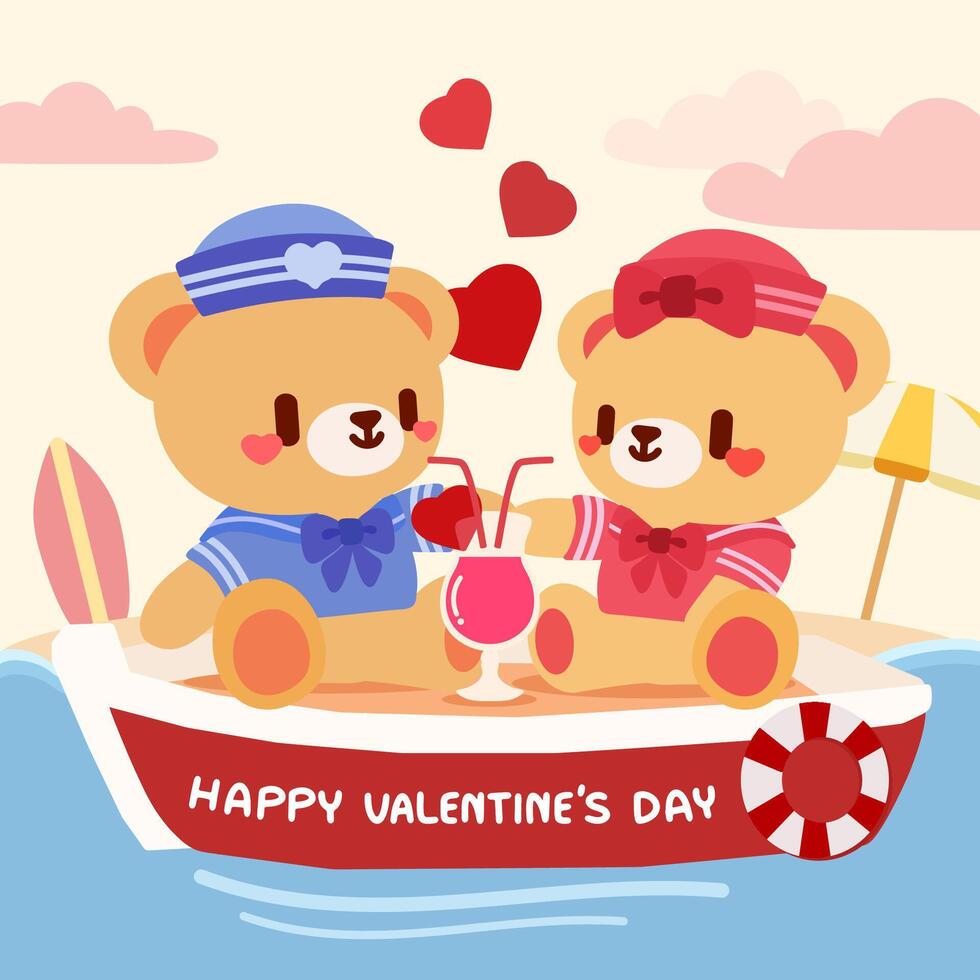 Adorable Valentine's Day illustration featuring sailor teddy bears enjoying a romantic boat ride with hearts and a shared drink. vector