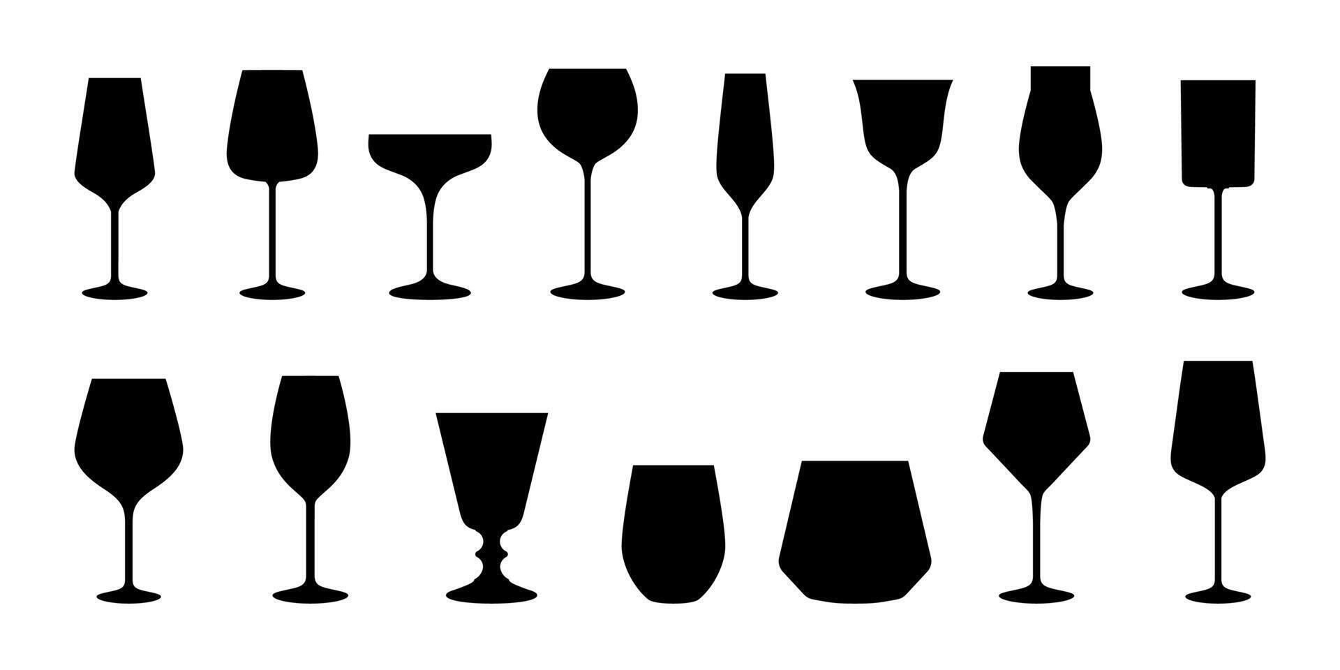 Set of different glasses icons. Wine glass collection. Silhouette wine glasses. Stemware collection set. Glass icon vector