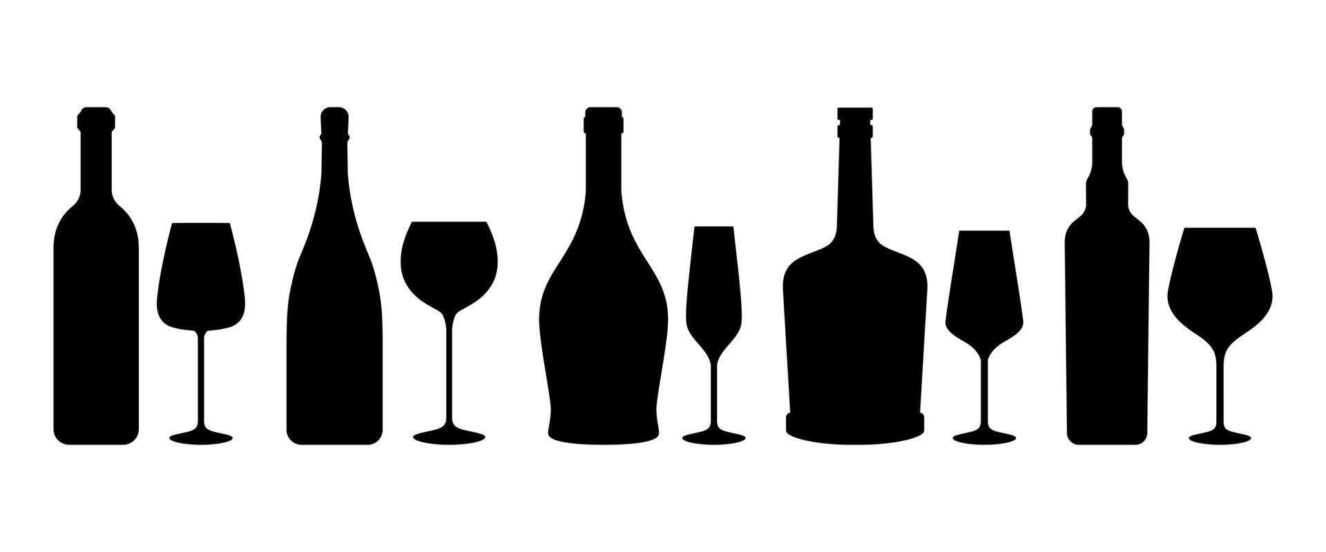 Set of wine bottles with wine glasses icons. Wine bottle and glasses silhouette. Wine bottles of various sizes. vector