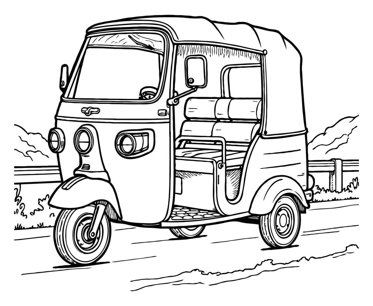 Tuk Tuk coloring page line art vector