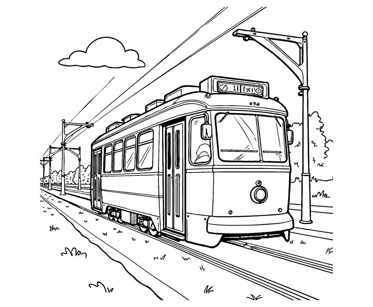 Tram Coloring Page Vehicle Illustration line art vector