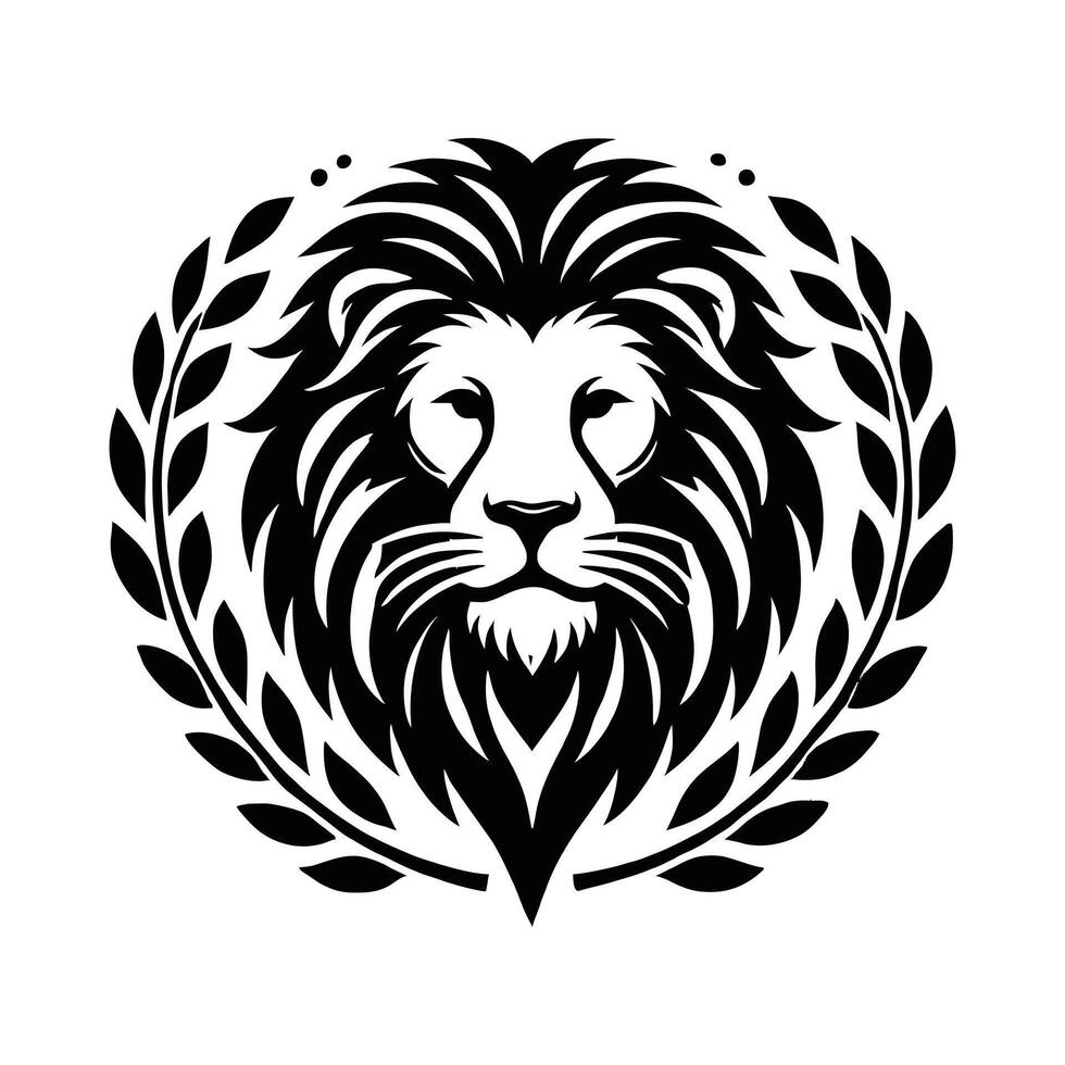 Powerful lion head logo framed by laurel wreath. vector