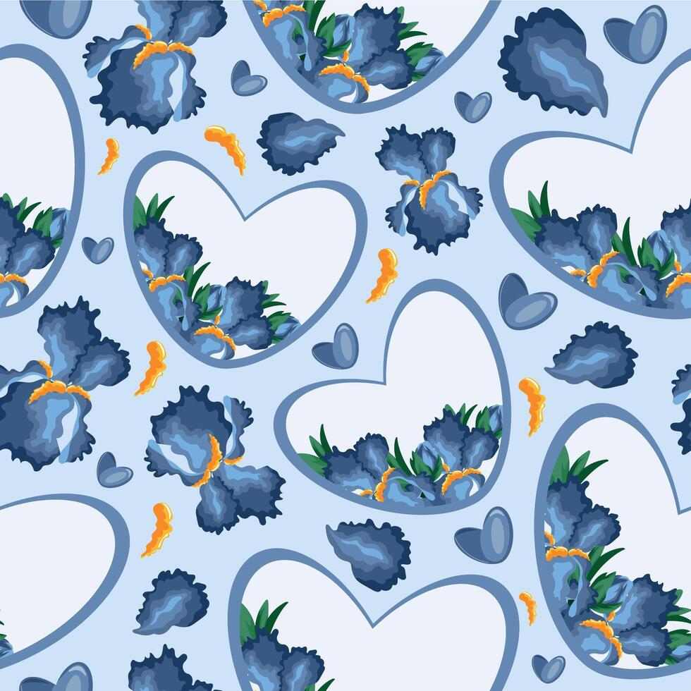 seamless pattern with hearts with floral design namely iris of different sizes, hearts and iris petals on a blue background vector