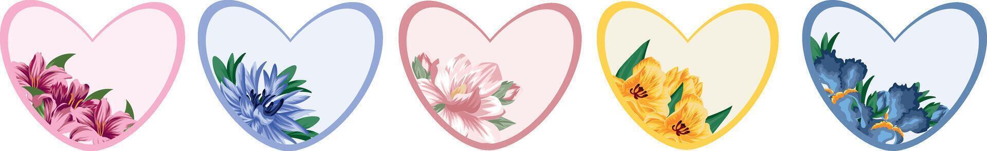 set of templates for valentines or cards in the shape of a heart with a floral design, namely a design of blue cornflowers, pink lilies, yellow tulips and blue irises vector
