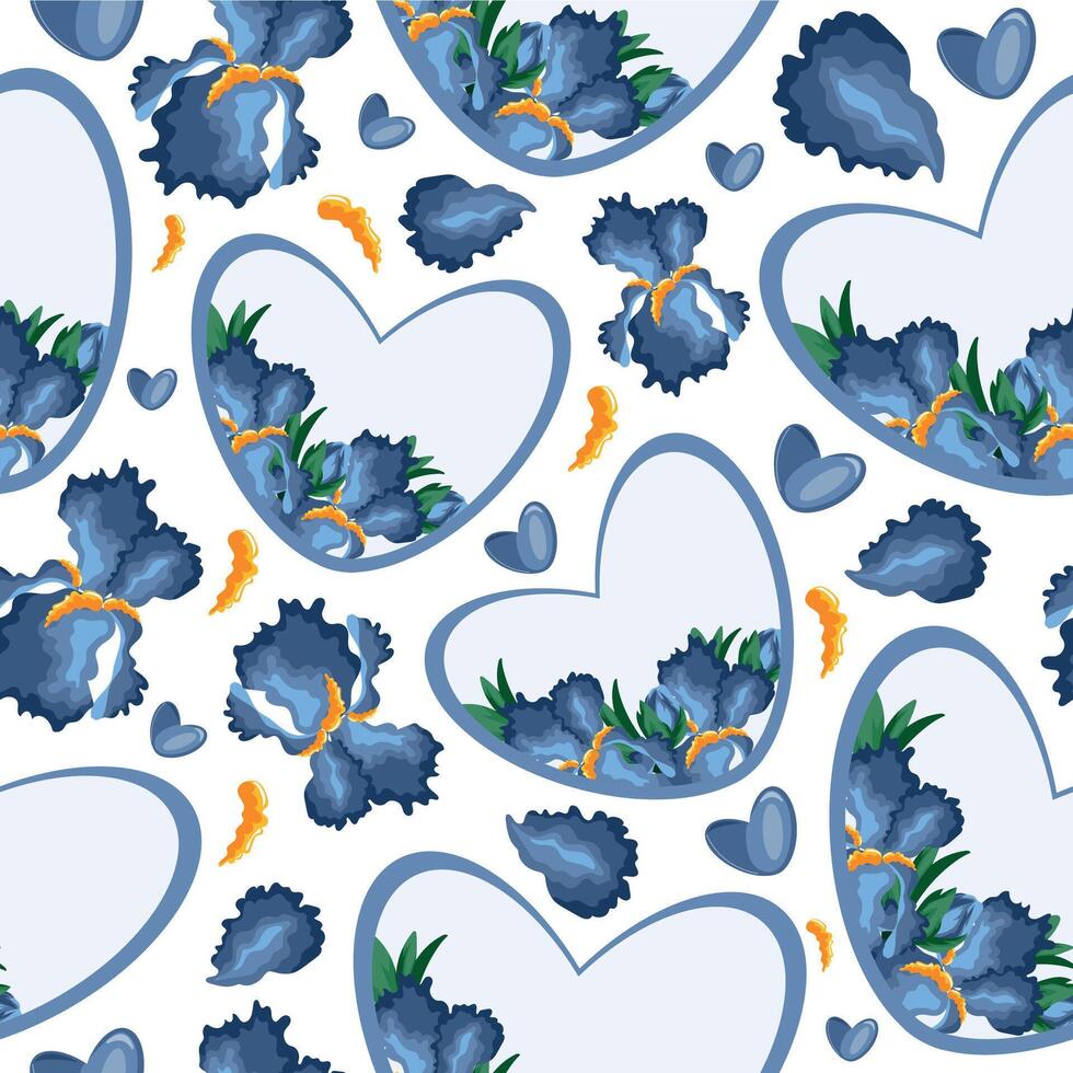 seamless pattern with hearts with floral design namely iris of different sizes, hearts and iris petals vector