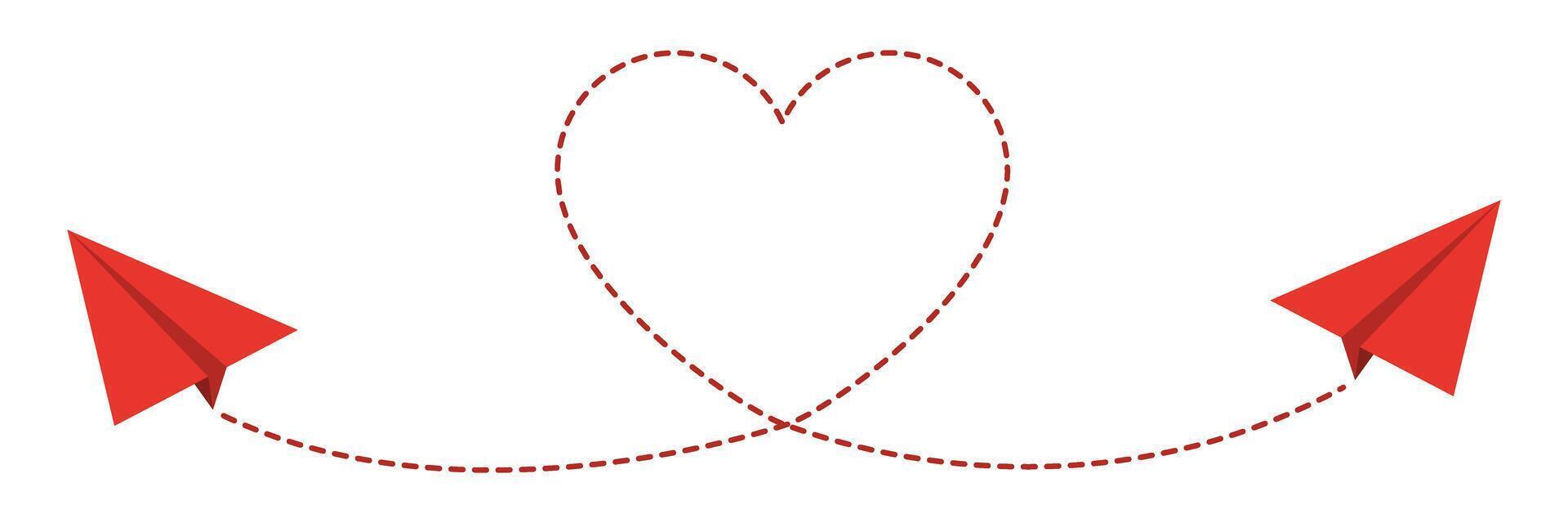 Two red paper aeroplanes fly along a heart-shaped pathway. Plane route in the shape of hearts. A symbol of love. Travel concept. Elements for decoration for Valentine's Day, Women's Day. vector