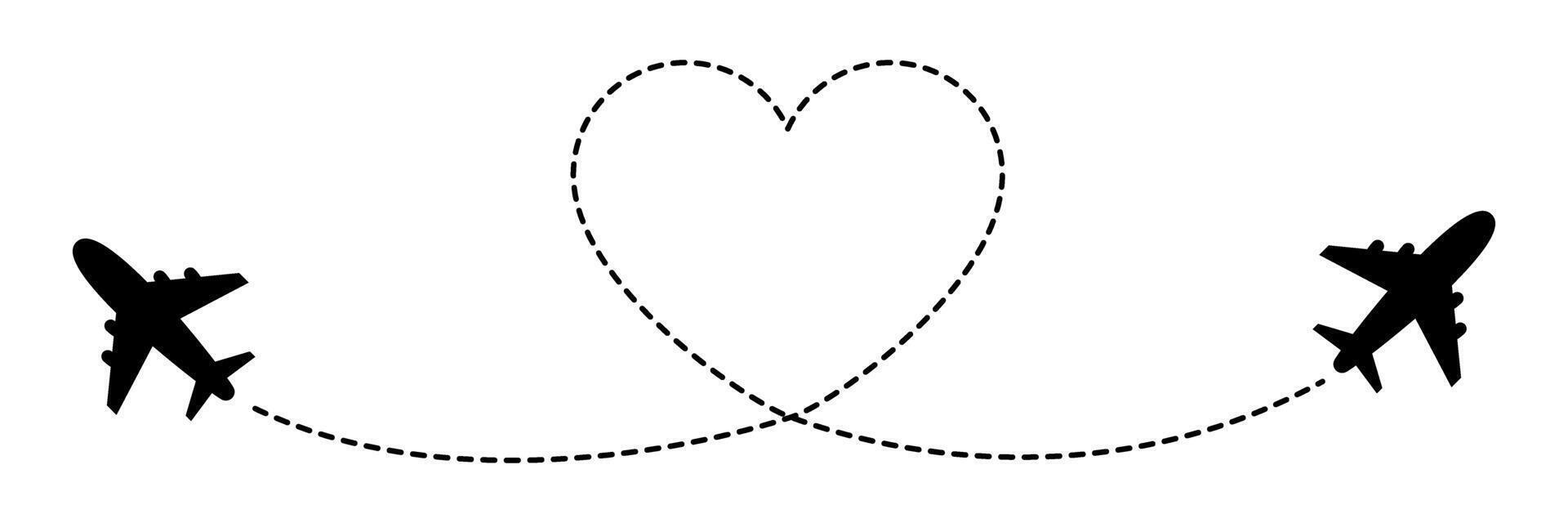 Two aeroplanes fly along a heart-shapedpathway. Plane route in the shape of hearts. A symbol of love. Travel concept. Elements for decoration for Valentine's Day, Women's Day. vector
