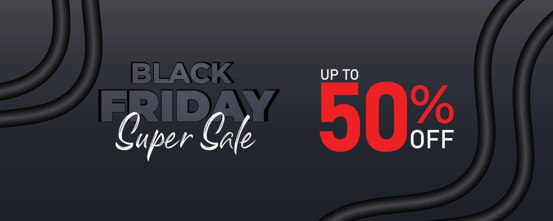Black Friday sale banner with 50 off message, featuring modern design elements and a dark background for advertising seasonal discounts and exclusive deals vector