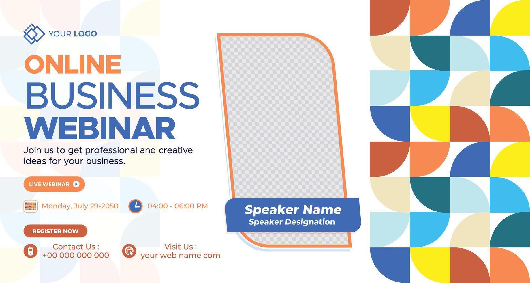 Online business webinar banner with modern blue gradient design and geometric patterns, featuring placeholder space for event details and professional marketing vector