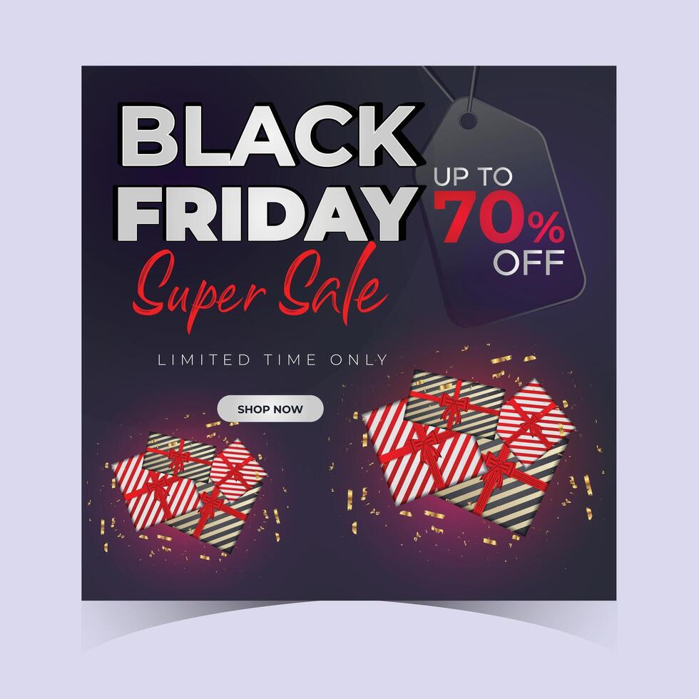 Black Friday super sale banner with vibrant 70 off message, decorated with gift boxes, perfect for advertising holiday sales and special promotions with bold typography vector