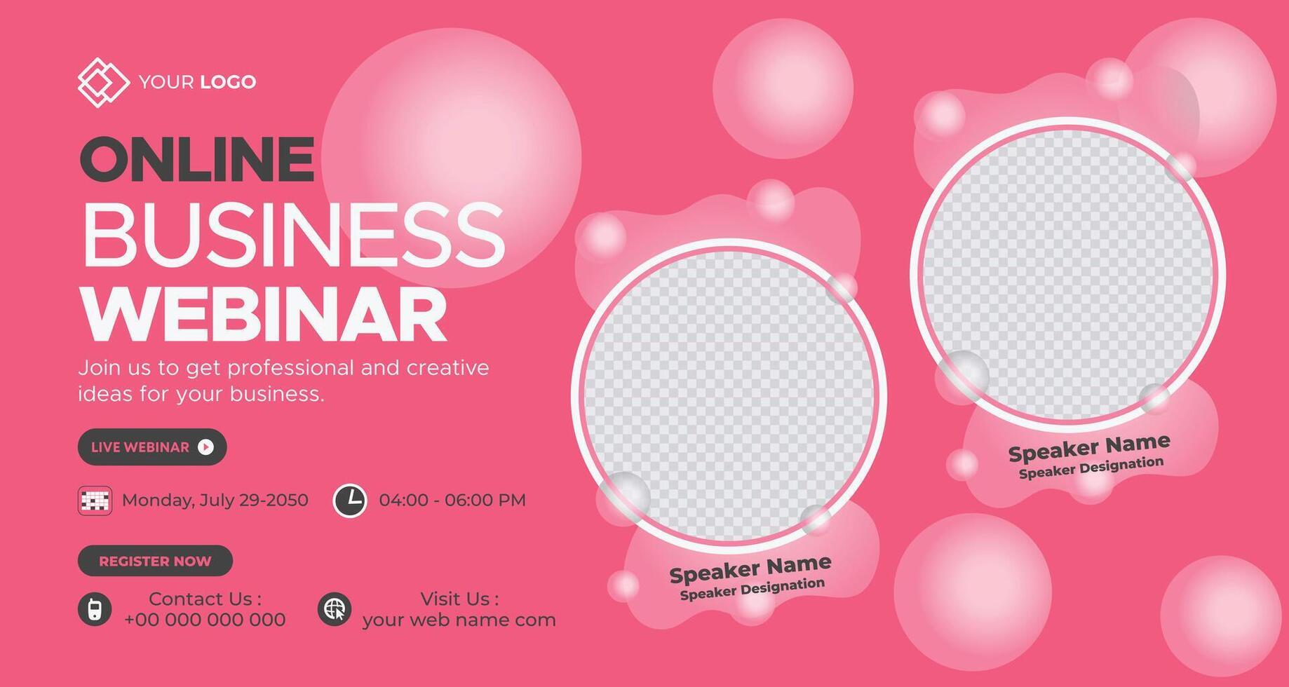 Online business webinar promotional banner with pink color palette, featuring modern design elements and placeholder space for event details and professional information vector