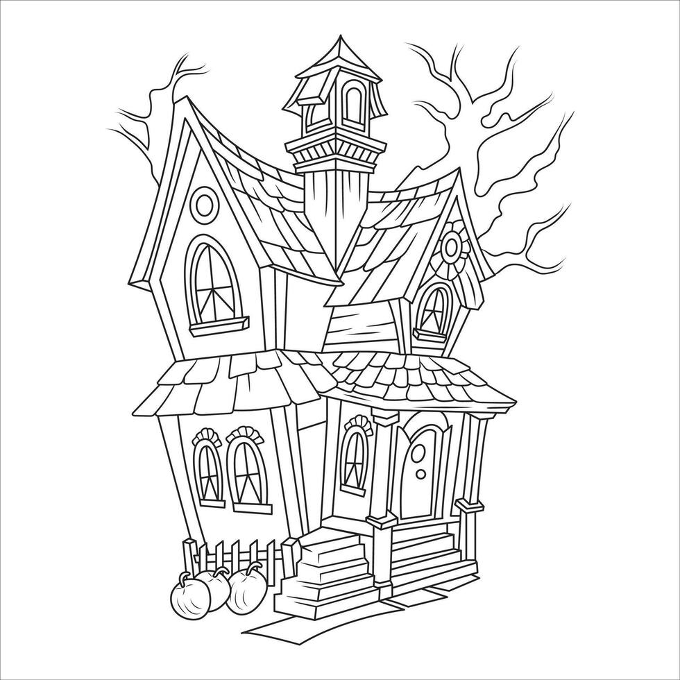 Creepy Haunted House with Bare Tree Line Art Illustration vector