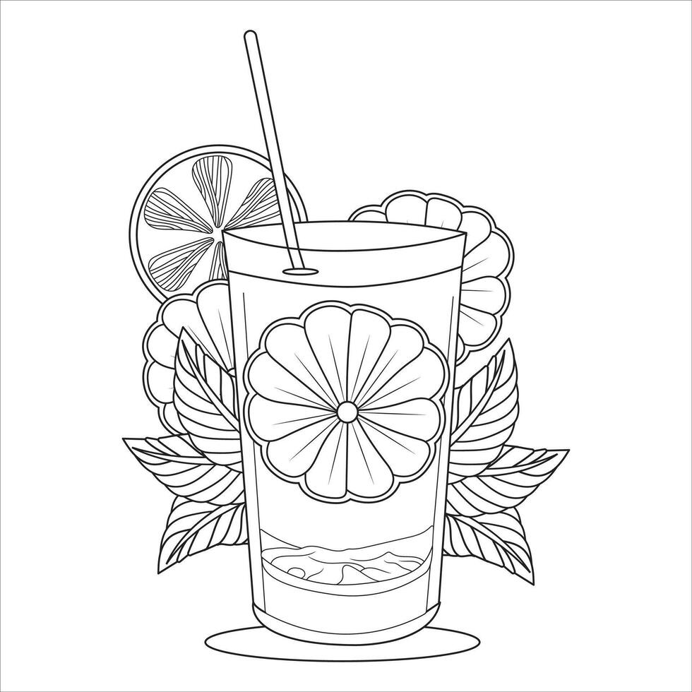 Refreshing Drink with Citrus and Floral Decor Outline for Coloring vector