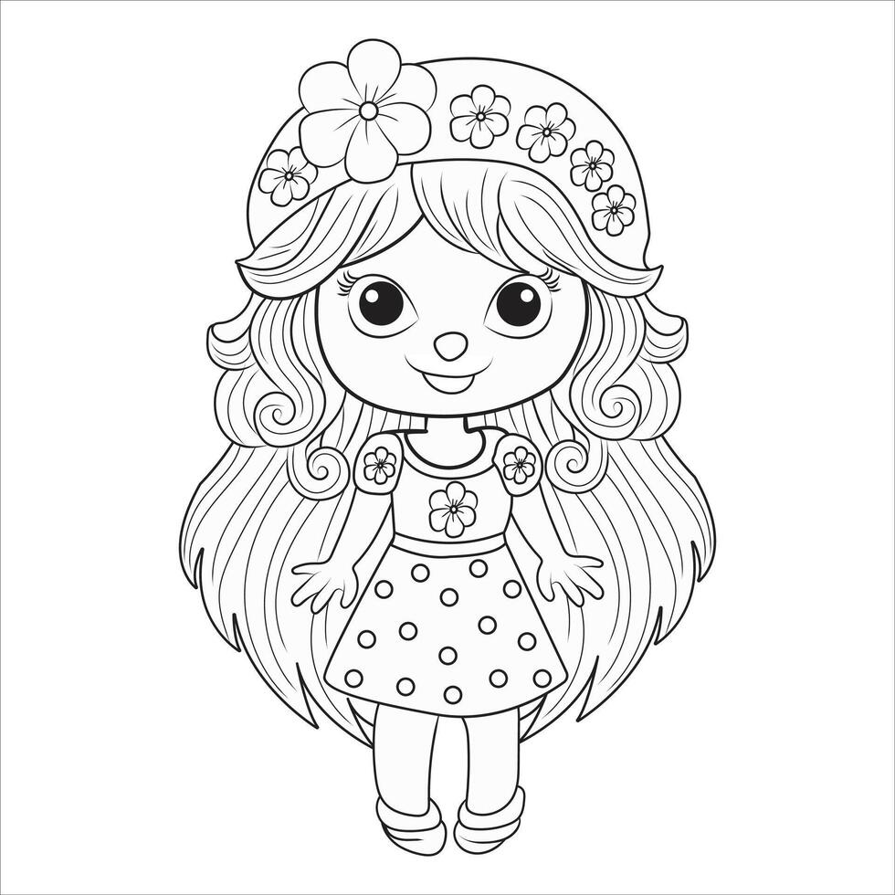 Cute Cartoon Girl with Floral Dress Outline for Coloring vector