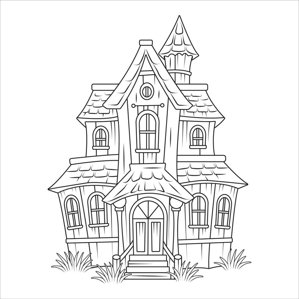 Spooky Haunted House Line Art Illustration for Coloring Page vector