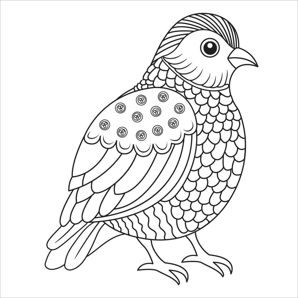 Decorative Bird with Patterned Feathers Outline for Coloring vector