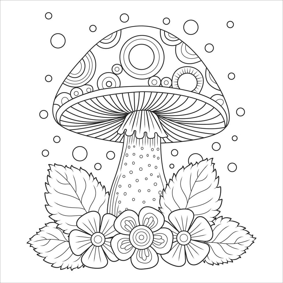 Decorative Mushroom with Flowers Outline for Coloring vector