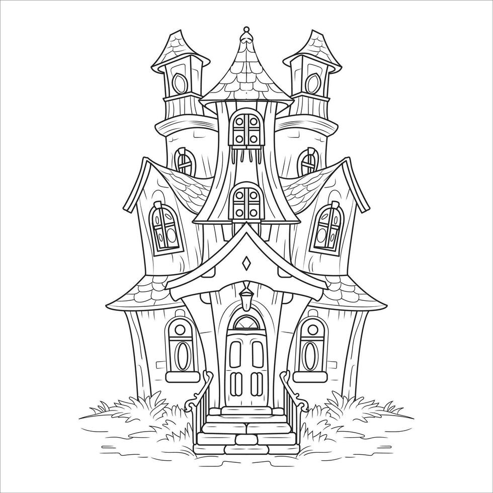 Spooky Haunted Mansion Line Art Illustration Coloring Page vector