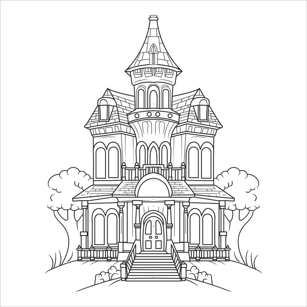 Victorian Haunted House Line Art Illustration vector