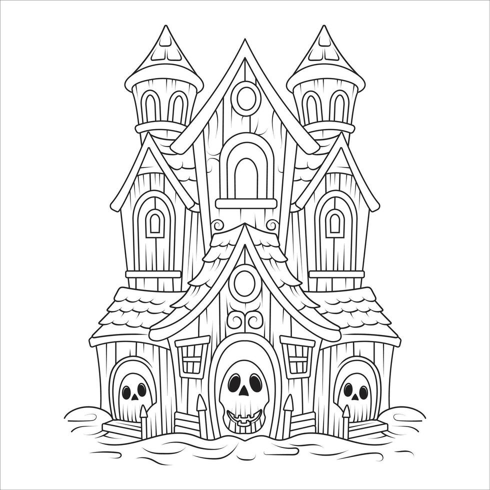 Spooky Skull Haunted House Line Art Illustration vector