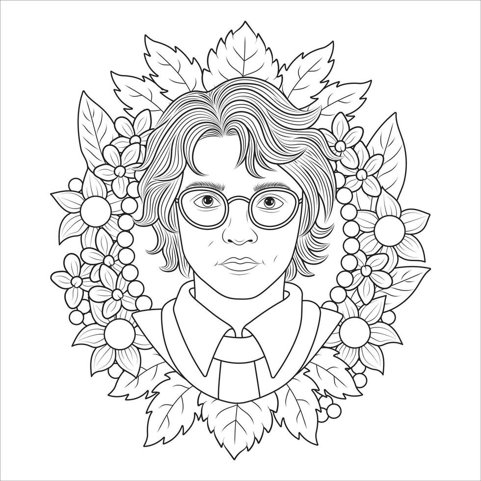 Portrait of a Person with Glasses Surrounded by Floral Wreath Outline for Coloring vector