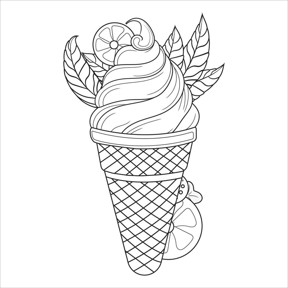 Swirled Ice Cream Cone with Citrus and Leaves Outline for Coloring vector