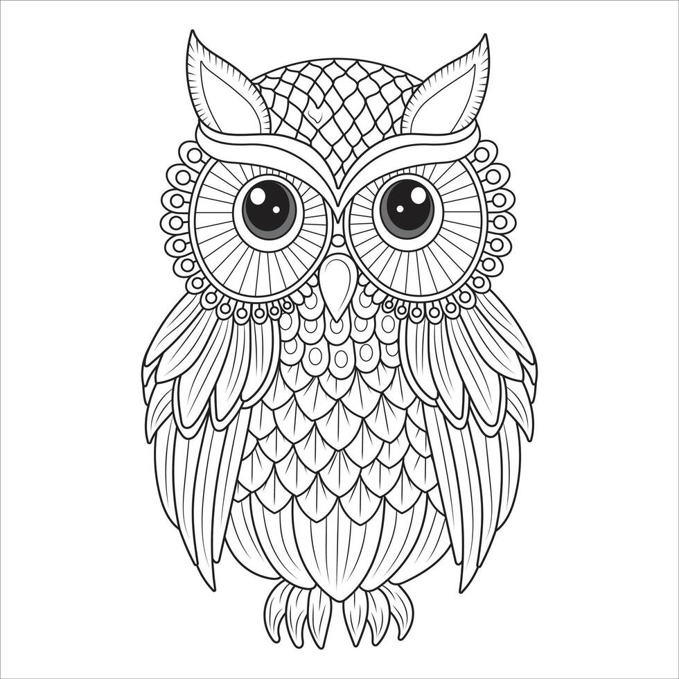 Decorative Owl with Intricate Feather Patterns Outline for Coloring vector