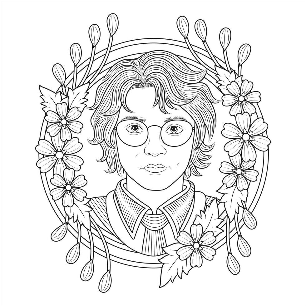 Portrait of a Young Person with Glasses in Floral Frame Outline for Coloring vector