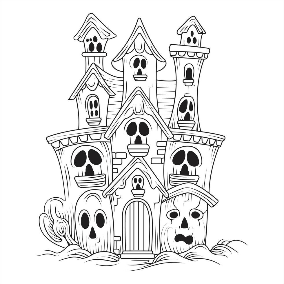 Spooky Haunted House with Skull Windows Line Art Illustration vector
