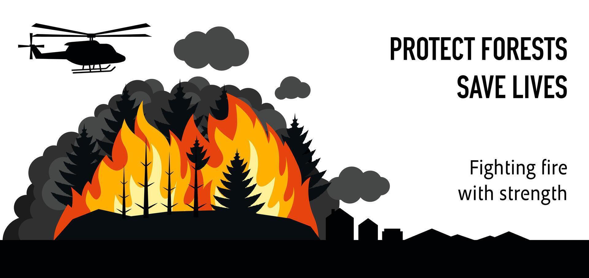 Conceptual Banner Design of a Burning Forest with Firefighting Helicopters. Silhouette Forest vector
