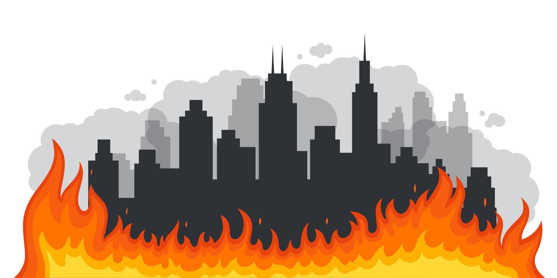 Editable Fire Border with Modern City Silhouette. Flat Design Horizontal Flame Line vector