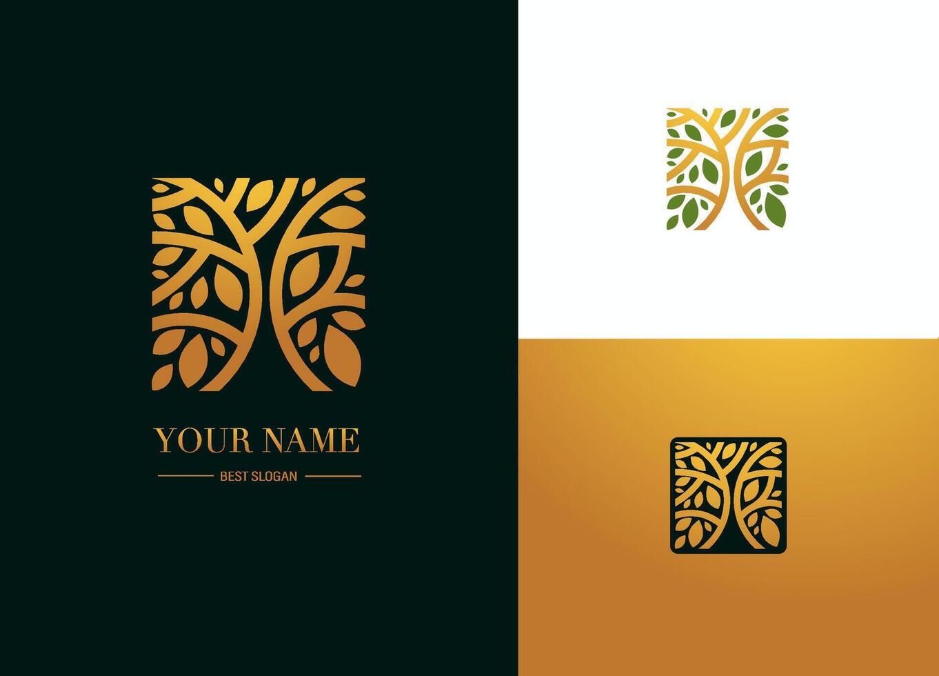 Elegant Tree Logo incSquare Shape. Green and Gold Stylized Design with Text, Adaptive emblem vector