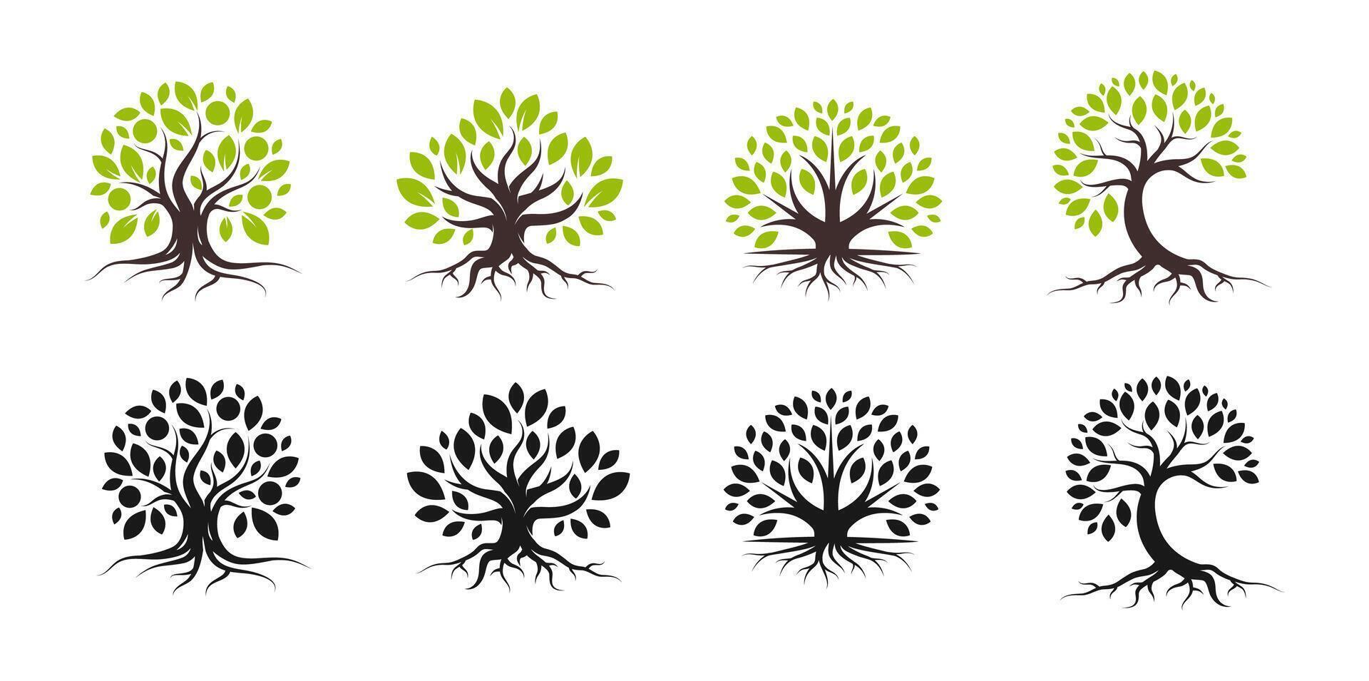 Geometric Tree Logo and Icon Collection with root in black and colorful style vector