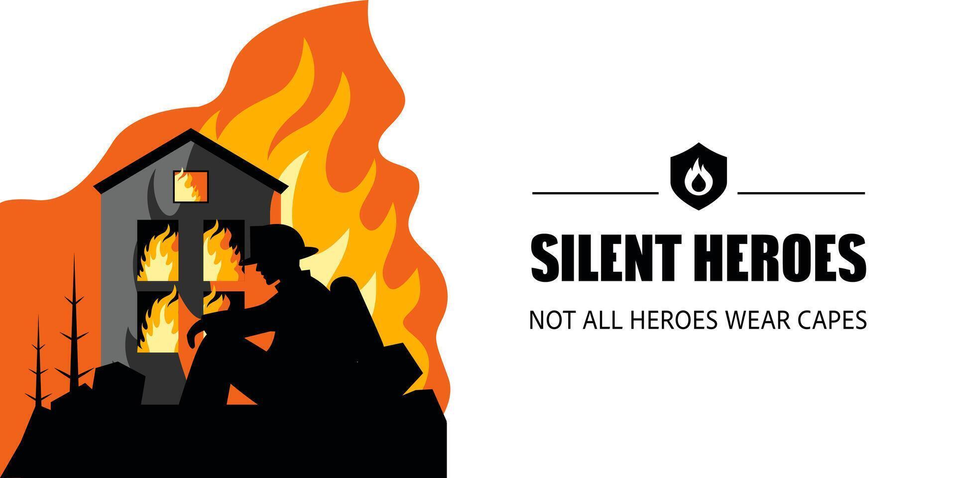 Banner of Conceptual Silhouette Illustration of a Firefighter Sitting with a Burning House vector