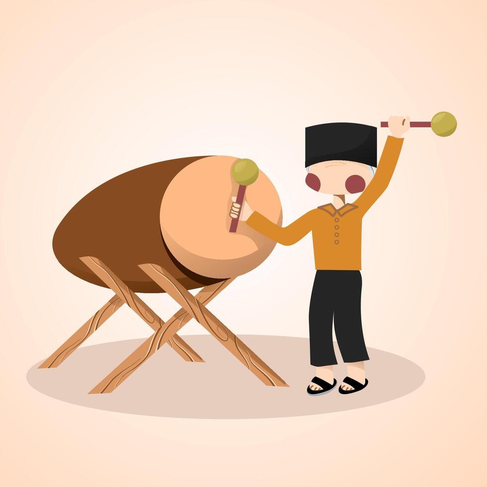 Muslim men beat bedug or drum vector