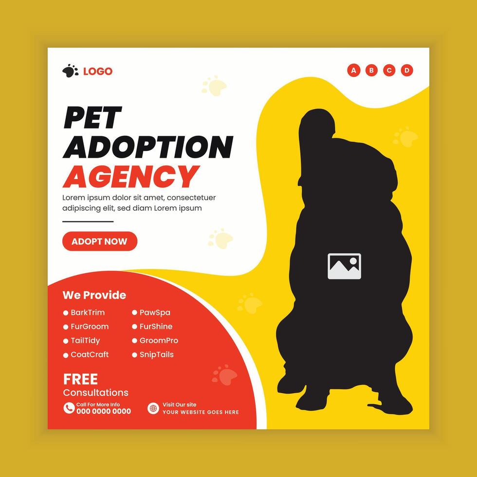 Pet adopt and health care service social media post design or pet business web square post banner template vector