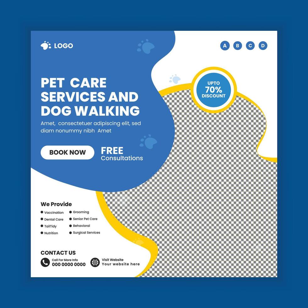 Pet care service and dog walking social media post design or pet business web square post banner template vector