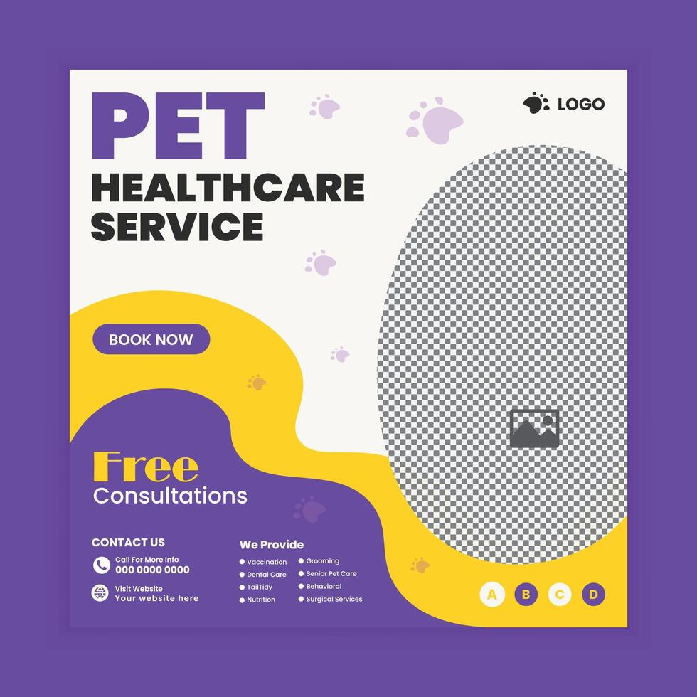 Pet healthcare service social media post design or pet business web square post banner template vector
